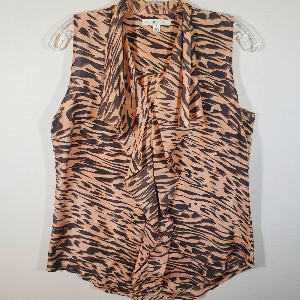 CAbi 104 Just So Silk Tiger Zebra Ruffle Sleeveless Blouse Top Sz S Style #104
